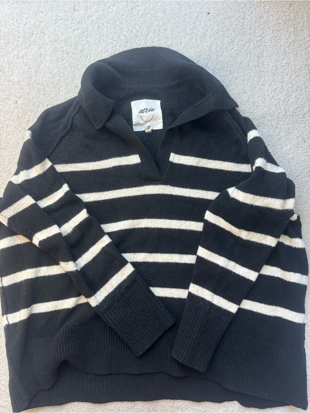 Aerie women’s Black and White Striped Collared Sweater